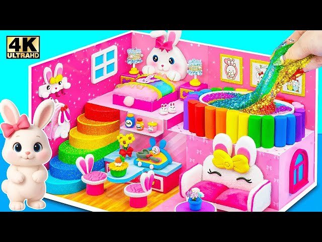 How to Make Cute Bunny Miniature House with Pink Bedroom and Rainbow Slime Pool - DIY from Cardboard