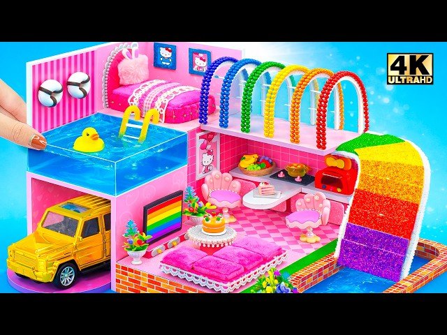Make Mini Train Around Rainbow Miniature House with Bedroom and Kitchen from Cardboard - DIY Miniature House