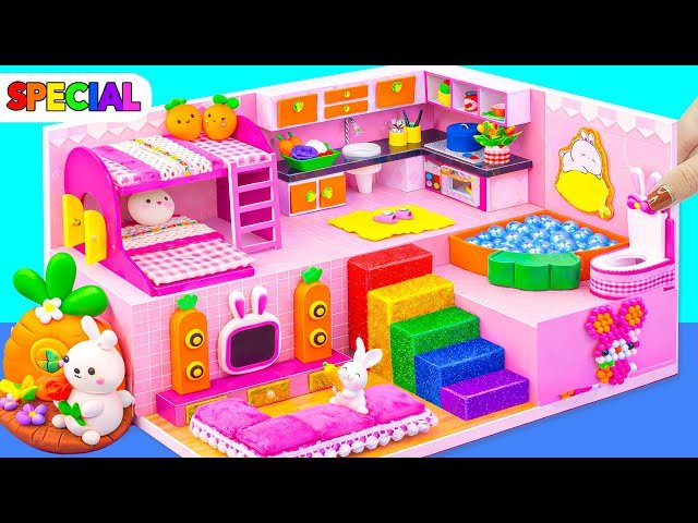 Make Super Pink Bunny House with Bunk Bed, Rainbow Stairs and Ball Pool Bathtub - DIY Miniature House