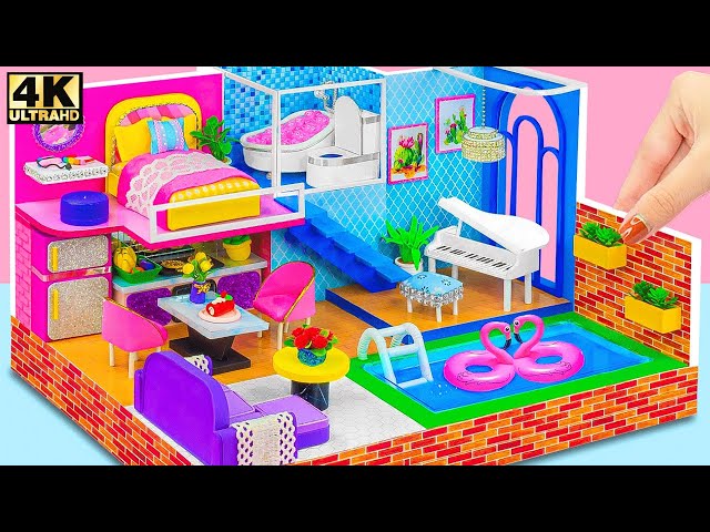 Build Colorful Miniature Cardboard House with Bedroom, Kitchen and Swimming Pool - DIY Dollhouse