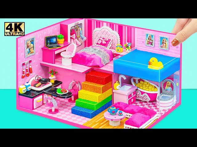 Build Barbie Dream Mini House - Pink Bedroom, Rainbow Stairs and Infinity Pool - DIY Miniature