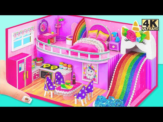 DIY Unicorn Mini House with Rainbow Slide, Bedroom and Cute Kitchen - Miniature Dollhouse Craft