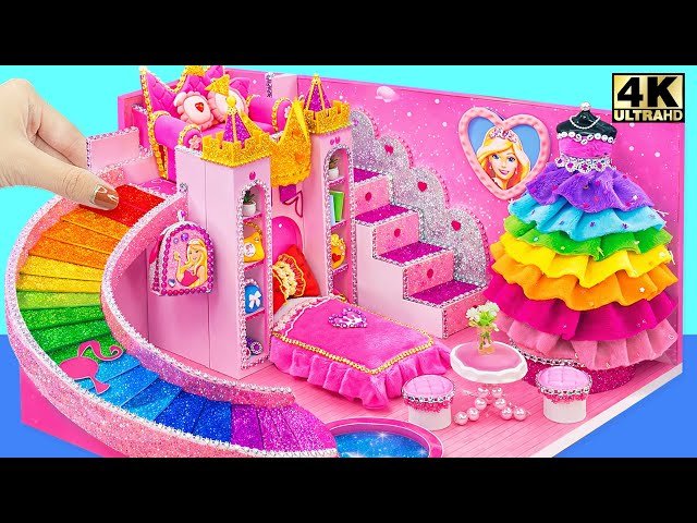 Recycling Cardboard into a Magical Rainbow Princess House with Water Slide - DIY Miniature House