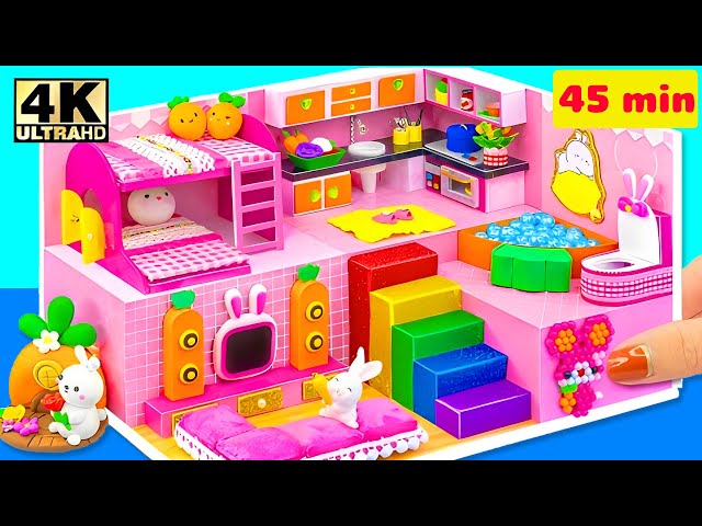 Build the BIGGEST Pink Bunny House With Bunk Bed and Rainbow Stairs - DIY Miniature House