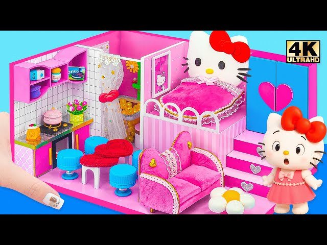Make a Hello Kitty Dollhouse with Cute Kitchen and Pink Bedroom from Cardboard - DIY Mini House