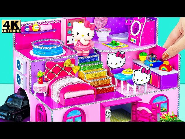 DIY Cardboard Miniature House - How To Build Hello Kitty 3-Story Mansion Dollhouse with 5 Rooms