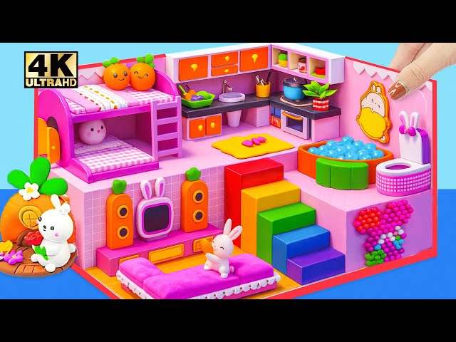 DIY Bunny Pink House with Two Cute Beds, Carrot Kitchen and Rainbow Stairs - DIY Mini House