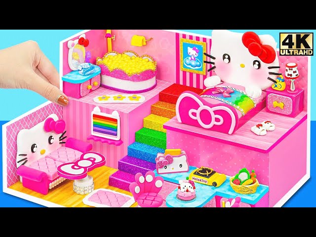 Make a Pink Hello Kitty Mini House with Bathtub and Rainbow Stairs - DIY Miniature House
