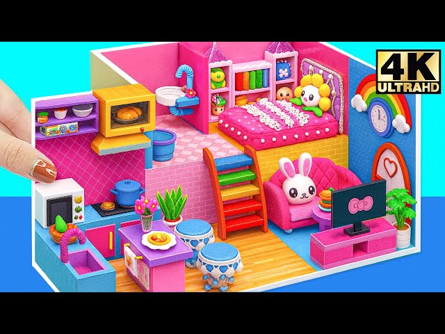 Make a Rainbow Mini Bunny House with a Fluffy Pearl Bed and a Sparkly Bunny Living Room - DIY Mini