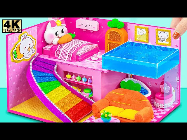 DIY Miniature Bunny Dollhouse with Swimming Pool and Rainbow Slide