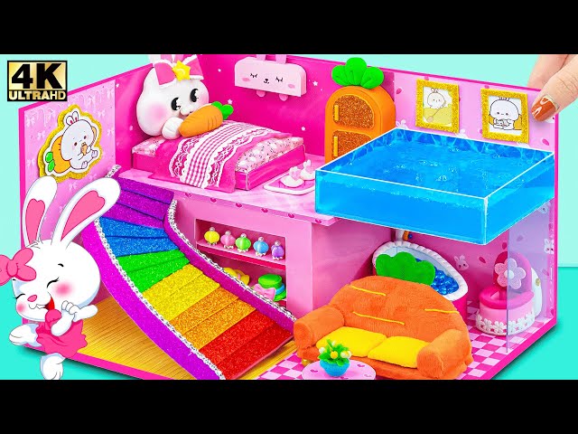 Build Cute Bunny Miniature House with Rainbow Stairs and Swimming Pool - DIY Cardboard House