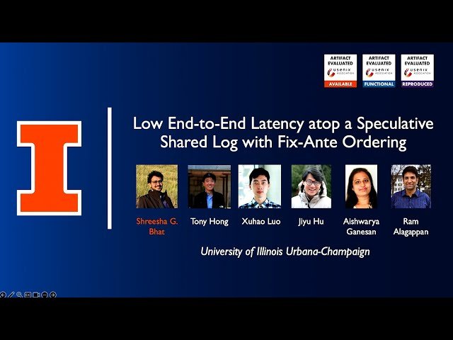 Low End-to-End Latency atop a Speculative Shared Log with Fix-Ante Ordering