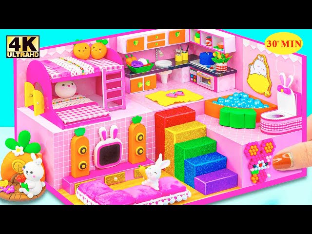 DIY Pink Bunny Miniature House - Create Bunk Beds and Rainbow Stairs from Cardboard and Clay