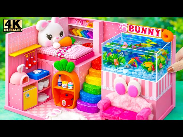 Make Pink Bunny Secret Aquarium House with Rainbow Stairs and Cozy Rooms for Two - DIY Miniature House