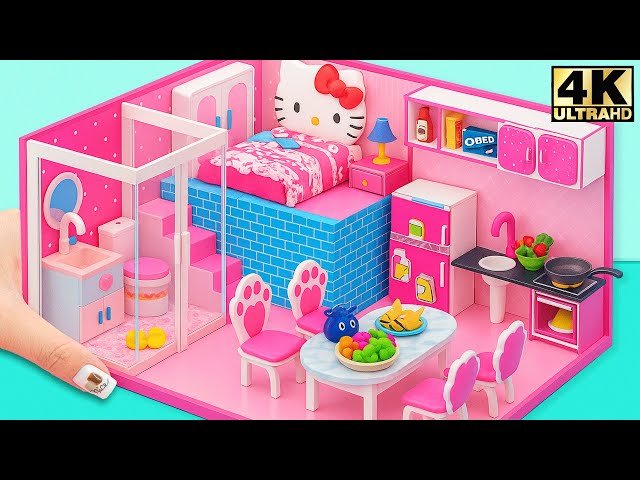 Make a Cardboard Hello Kitty Dream House with Pink Bedroom and Kitchen - DIY Miniature House