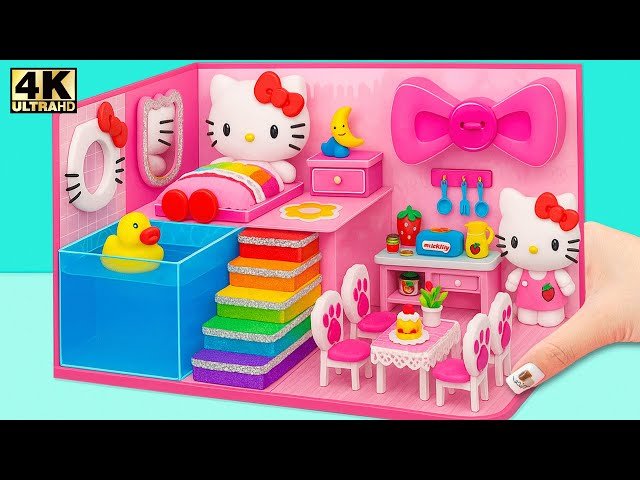 How to Make Hello Kitty Pink Mini House with Rainbow Slide and Pool - DIY Miniature Toys