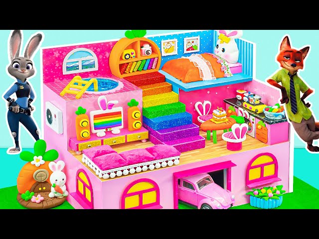 How To Make Pink Judy Bunny House with Bunk Bed and Rainbow Stairs from Clay - DIY Miniature House
