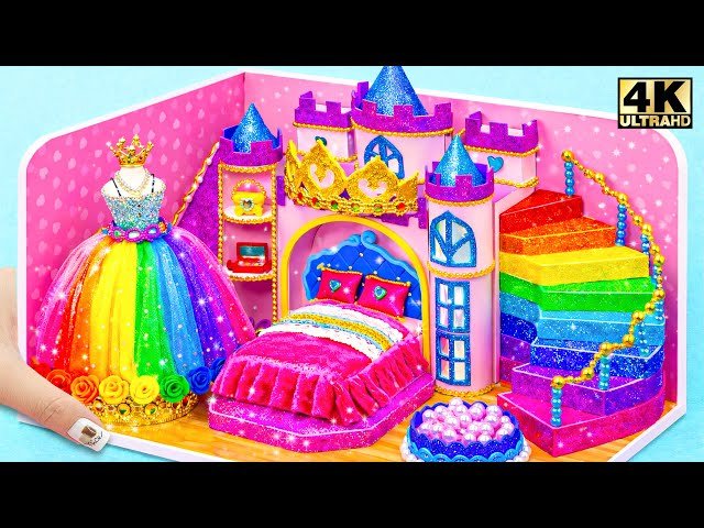 Recycling Cardboard into a Princess Castle with Royal Bed and Rainbow Water Slide - DIY Miniature House