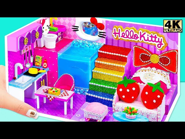 Build Hello Kitty Dollhouse with Rainbow Stairs, Kitchen and Strawberry Sofa - DIY Miniature House