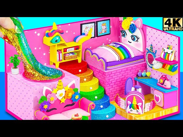 How to Make Unicorn House with Bedroom, Study Room and Rainbow Stairs - DIY Miniature House
