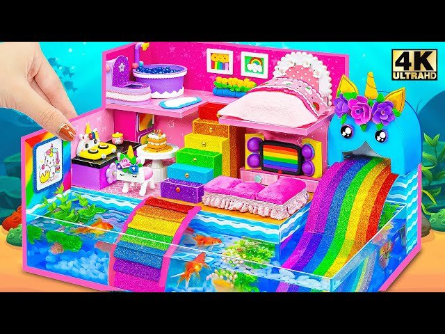 Build Unicorn Miniature House with Aquarium Around and Rainbow Slide in the Ocean - DIY Cardboard