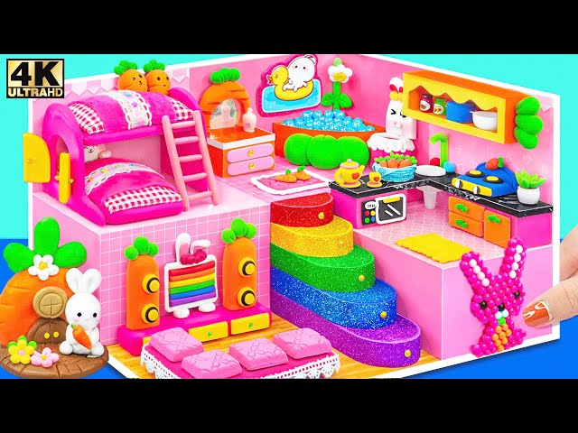 DIY Pink Bunny Miniature House with Carrot Garden and Rainbow Steps