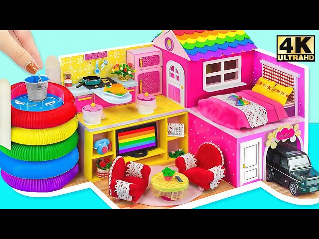 DIY Rainbow Miniature Cardboard Dollhouse with Water Well, Bedroom and Car Garage