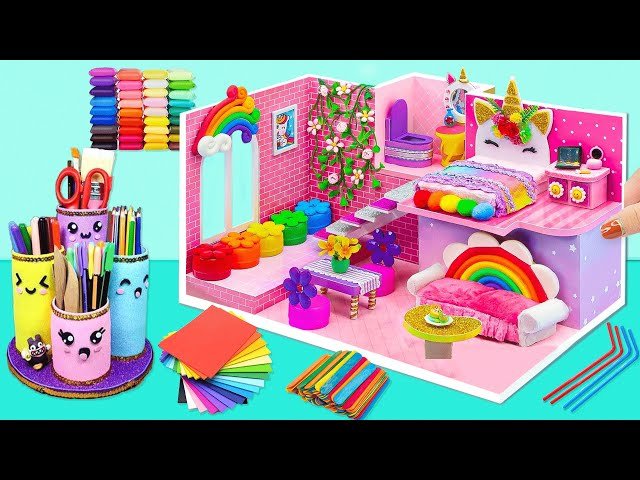 Make Pink Unicorn House with 2 Rooms and Flower Balcony from Cardboard and Clay - DIY Miniature House
