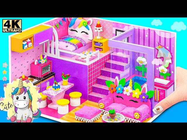 How to Make Unicorn House with Bedroom, Bathroom and Kitchen from Clay and Cardboard - DIY Miniature House