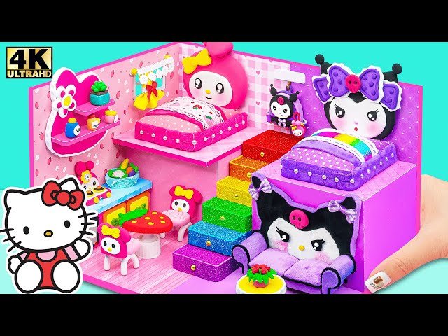Make Cute Hello Kitty House with Pink My Melody Bedroom and Purple Room for Kuromi - DIY Mini House