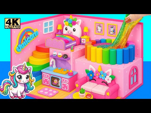How to Make Pink Unicorn Mini House with Rainbow Stairs and Magical Slime - DIY Miniature House