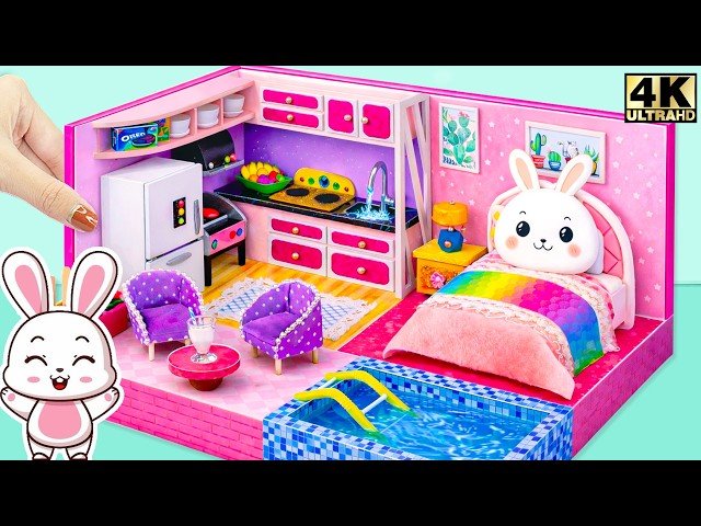 Make a Hidden Bunny House with Secret Kitchen, Cozy Bunk Bed and Indoor Pool - DIY Miniature House