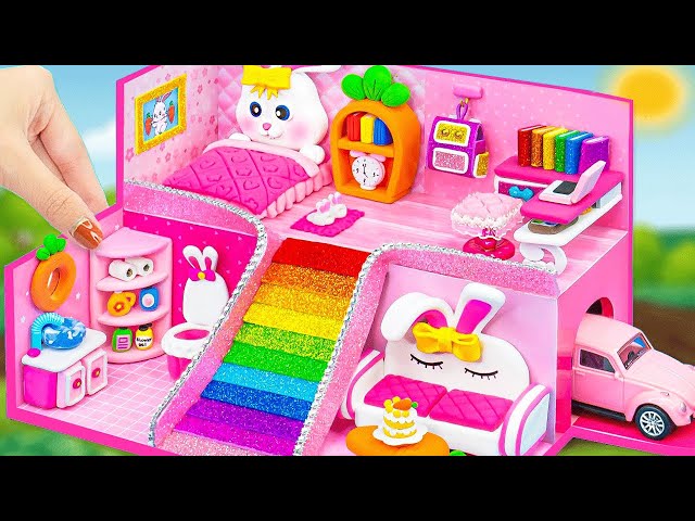 DIY Miniature Bunny House with Rainbow Stairs and Cute Living Room