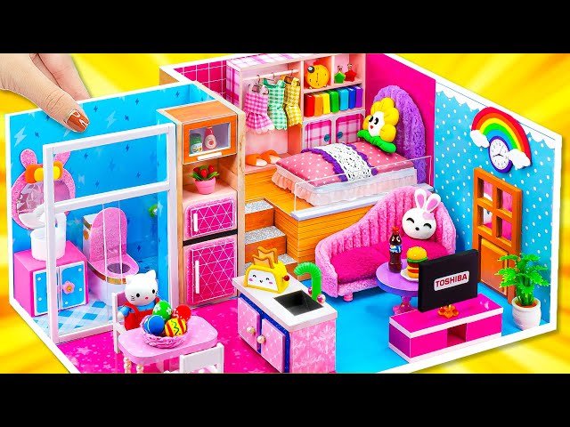 Build Easy Modern Mini House Using Pink and Blue Cardboard - DIY Miniature House