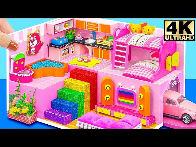How to Make Pink Bear House with Bunk Bed, Car Garage and Rainbow Slide - DIY Miniature House