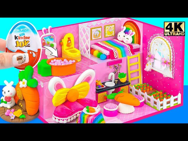 DIY Pink Bunny Dollhouse with Bunk Bed from Cardboard - Miniature House Tutorial