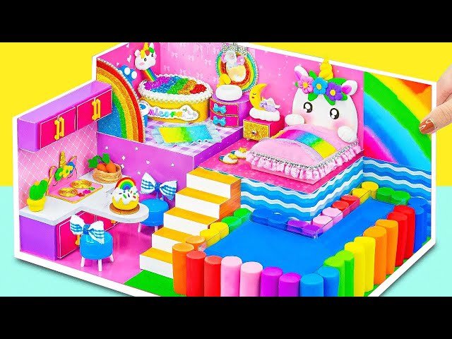 Build a Magical Unicorn Mini House with Rainbow Pool and Bedroom - DIY Miniature House