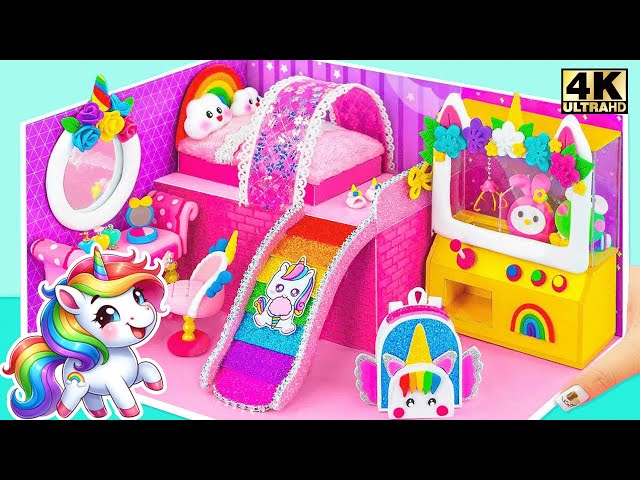 Make Purple Unicorn Mini House with Rainbow Slide, Magical Bed and Toy Machine - DIY Miniature House