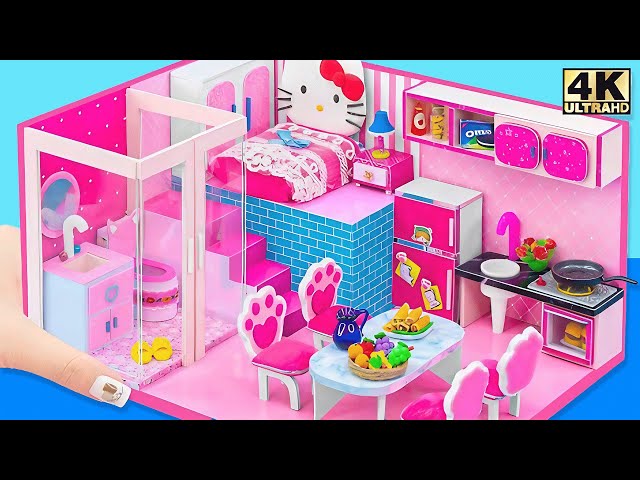 Make a Cardboard Hello Kitty House with Furniture and Food Setup - DIY Miniature House
