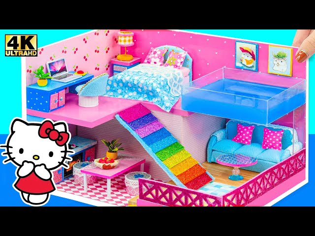 Build Cute Hello Kitty Rainbow Mini House with DIY Bedroom, Kitchen and Pool from Cardboard and Clay