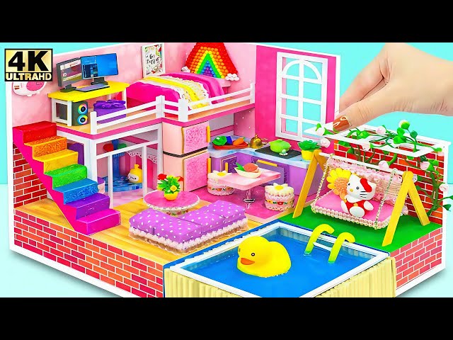 DIY Miniature Cardboard Dollhouse with Rainbow Stairs, Pool and Garden Swing - Cute Doll Room Ideas