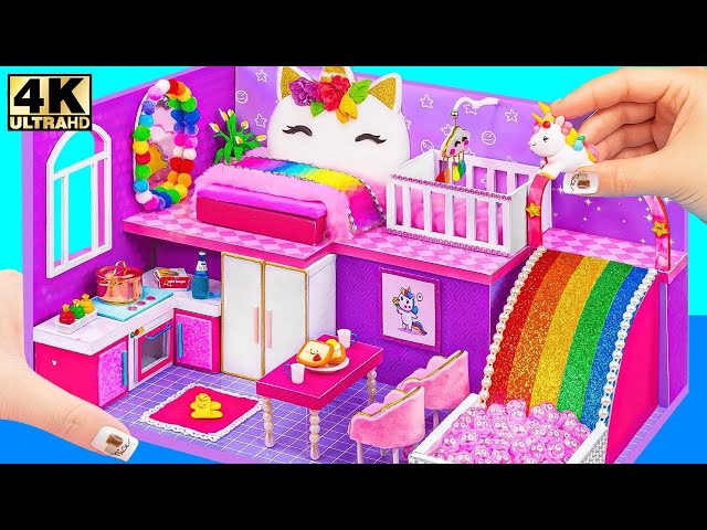 Build Super Cute Rainbow Unicorn Mini Dollhouse with Rainbow Slide to Pool - DIY Miniature House