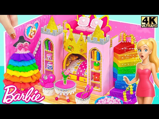 How to Make Pink Doll Castle with Luxury Bedroom, Rainbow Slide Pool, and Dress - DIY Miniature House