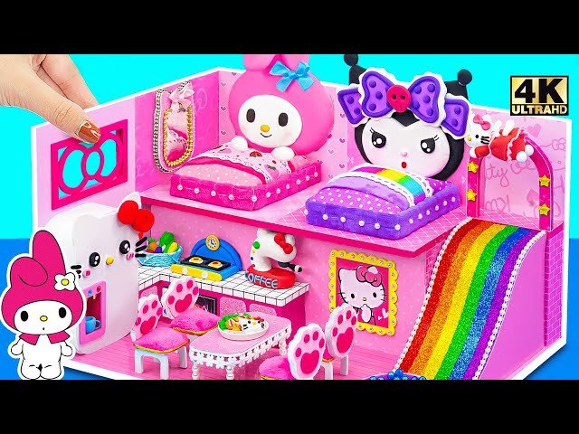 DIY My Melody and Kuromi Miniature House with Rainbow Slide and Pink Kitchen