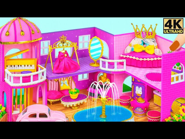 Build Pink Queen Dollhouse with Royal Bed and Pianist Interior Style - DIY Mini Cardboard House