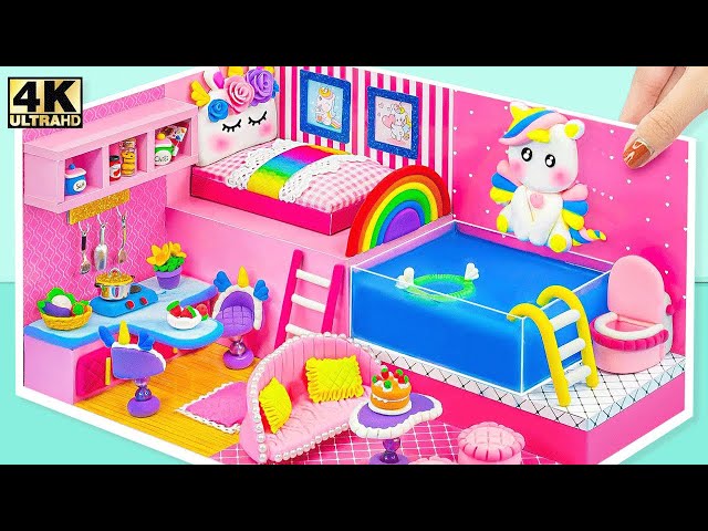 Build Unicorn Rainbow Bedroom with Swimming Pool and Kitchen from Cardboard - DIY Miniature House