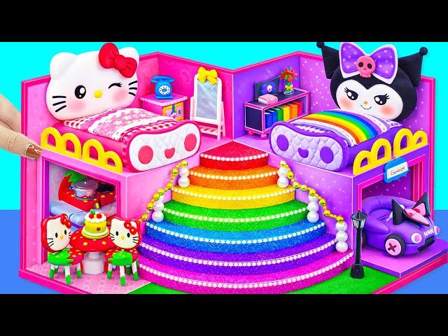 Make Hello Kitty House with Purple Kuromi Room, Rainbow Stairs and Hidden Garage - DIY Miniature House