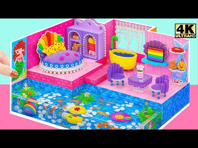 How to Make Aquarium Around Mini Pink House with Rainbow Shell Princess Bed for Mermaid - DIY House