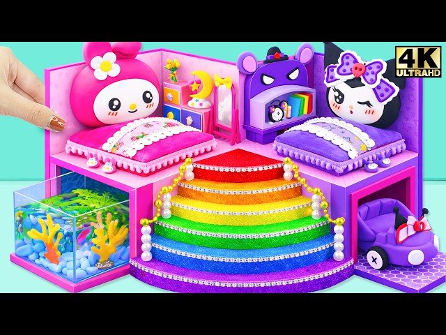 Make My Melody and Kuromi Dollhouse for Two with Twin Beds, Aquarium and Mini Car - DIY Miniature House