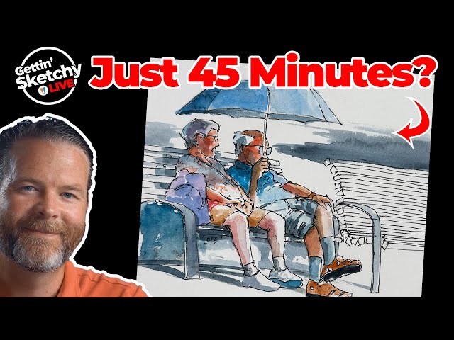 Urban Landscape Drawing with People - Live Pen and Ink with Watercolor Sketching